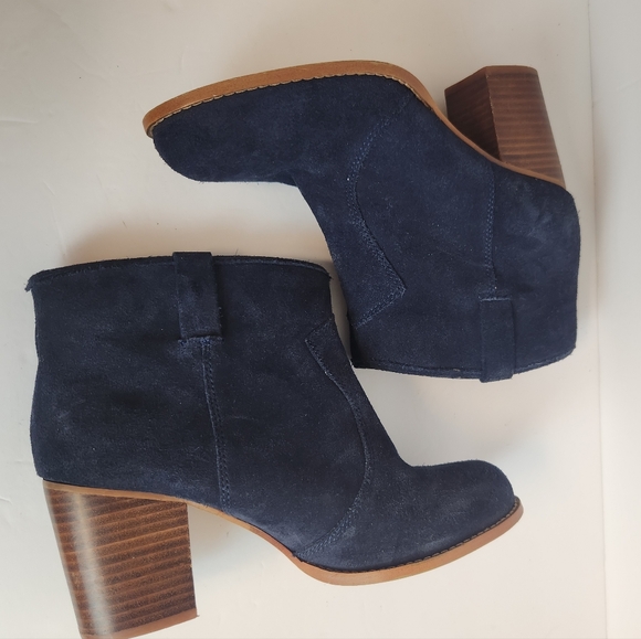 Splendid Navy Suede Booties Stacked Heel Pull On 10M - Picture 1 of 9